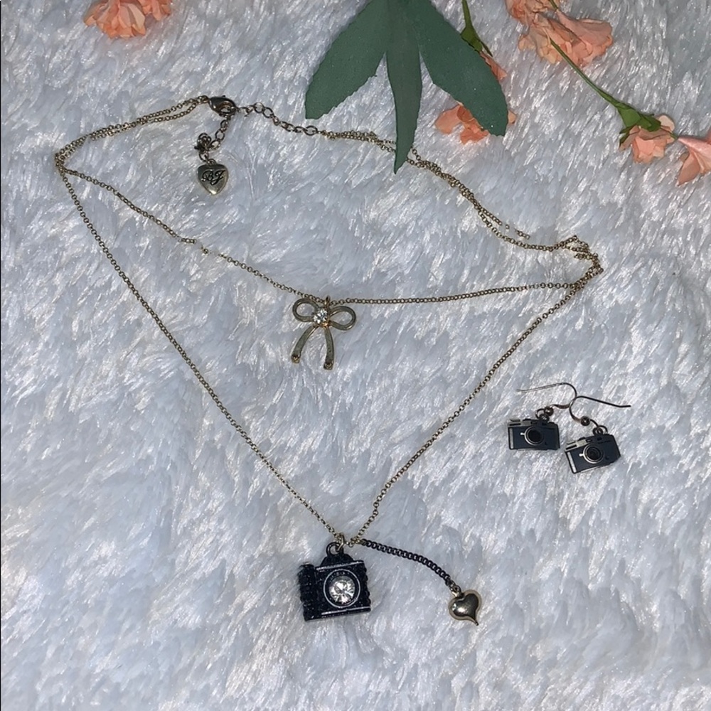 Betsy Johnson layered necklace and camera earrings